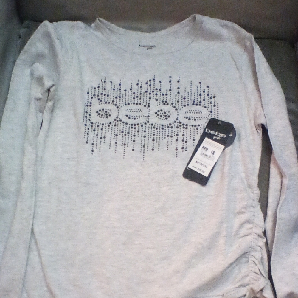 Bebe Light Gray Long Sleeve Top with Embellished Logo
